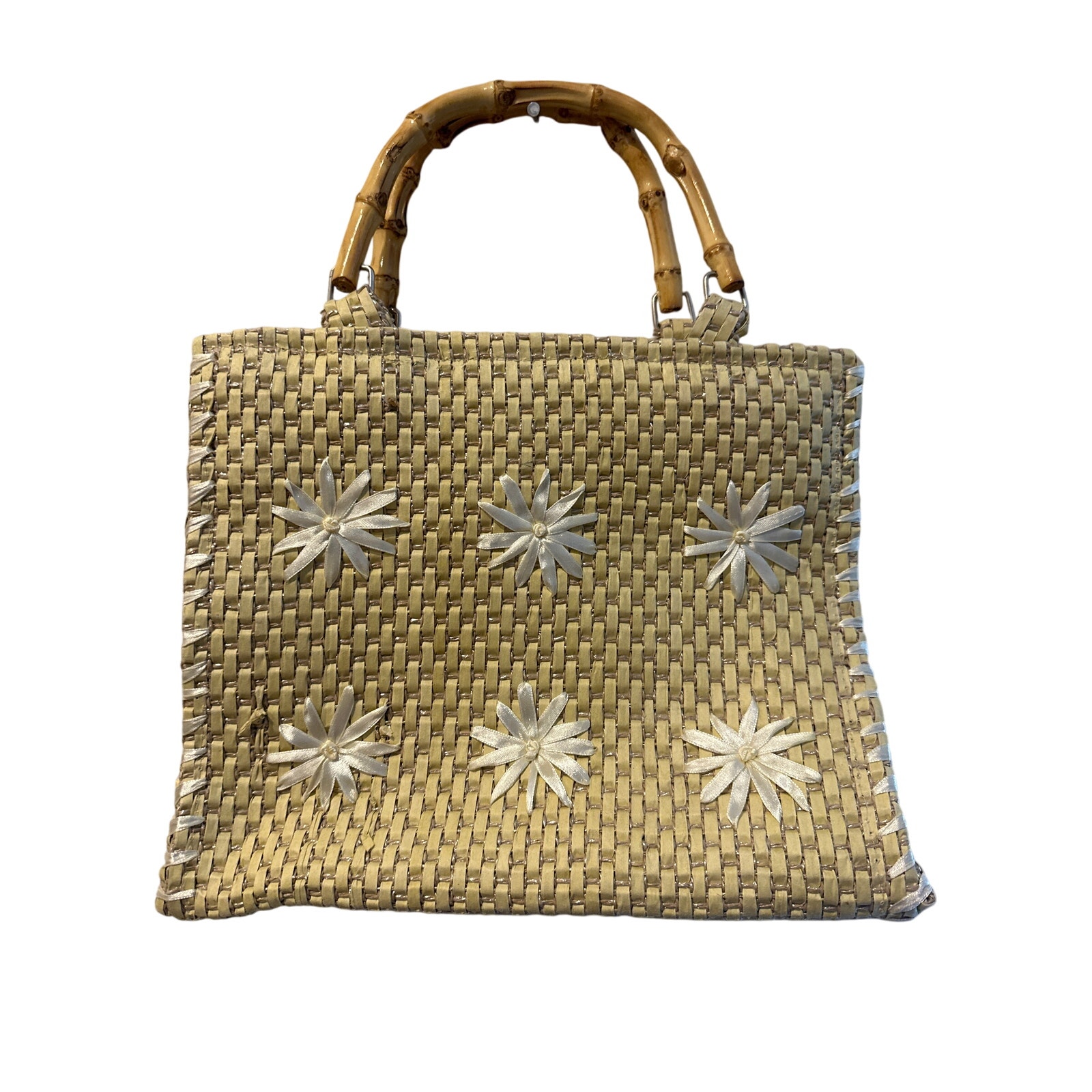 Women’s Woven Tan Purse With Daisys And Wooden Handles.